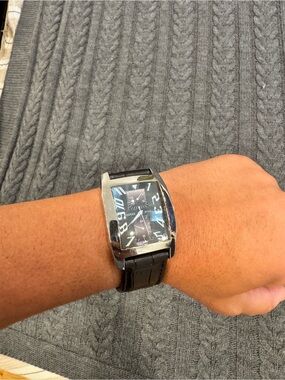 Guess Black Dial Silver-Tone Case Leather Strap Watch